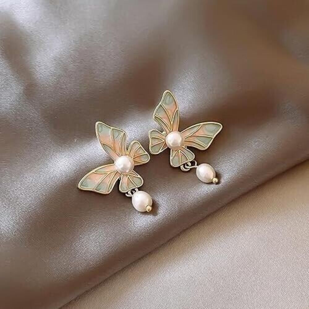 Pearl Butterfly Earrings for Women Drip Oil Butterfly Stud Earrings Dangle Pearl